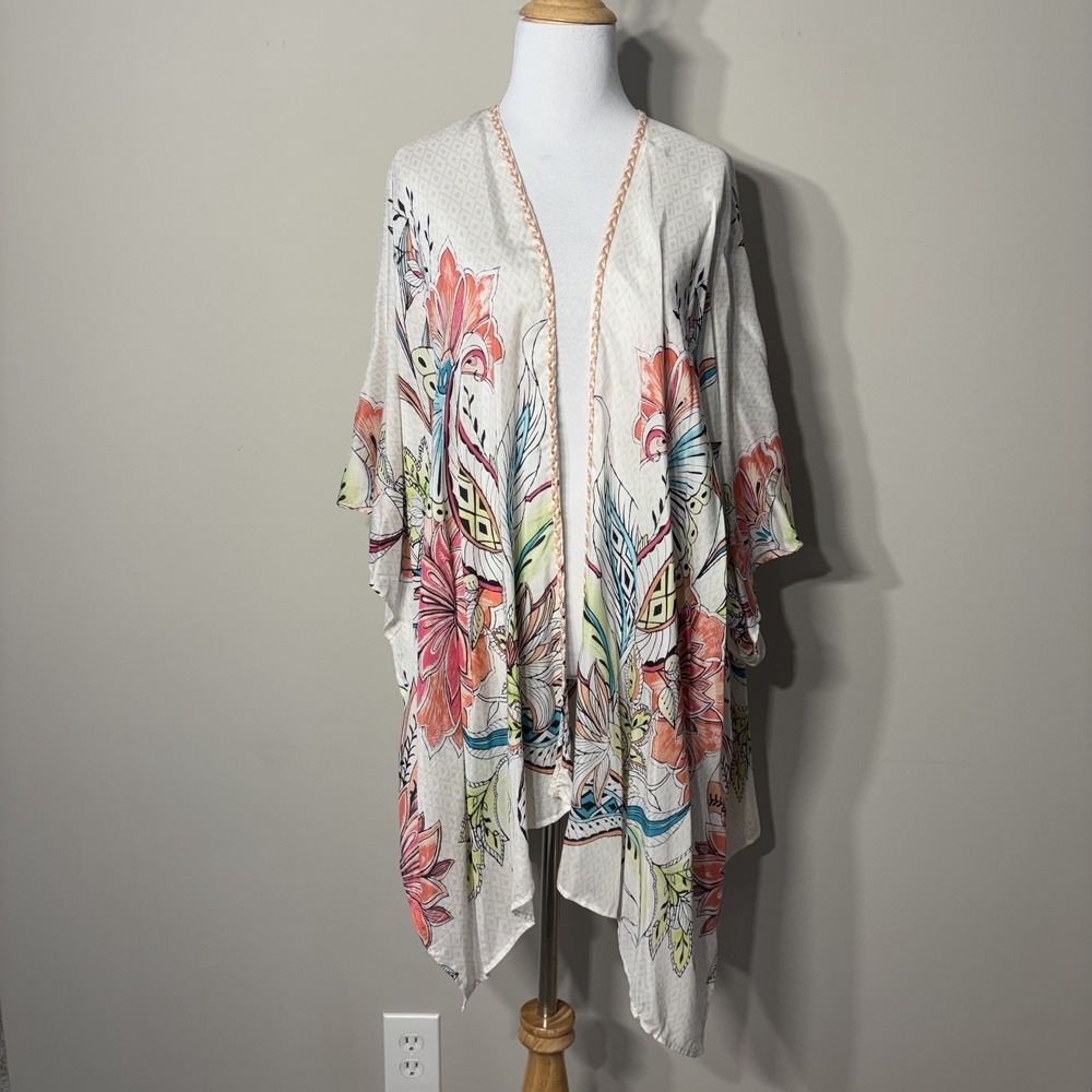 Chicos Kimono‎ Top One Size Floral Braided Trim Silk Boho Resort Beachy Layering